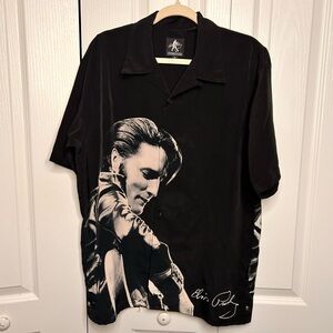 Dragon Fly Black Elvis Presley Hard Rock Print Shirt Button Up‎ Medium Polyester